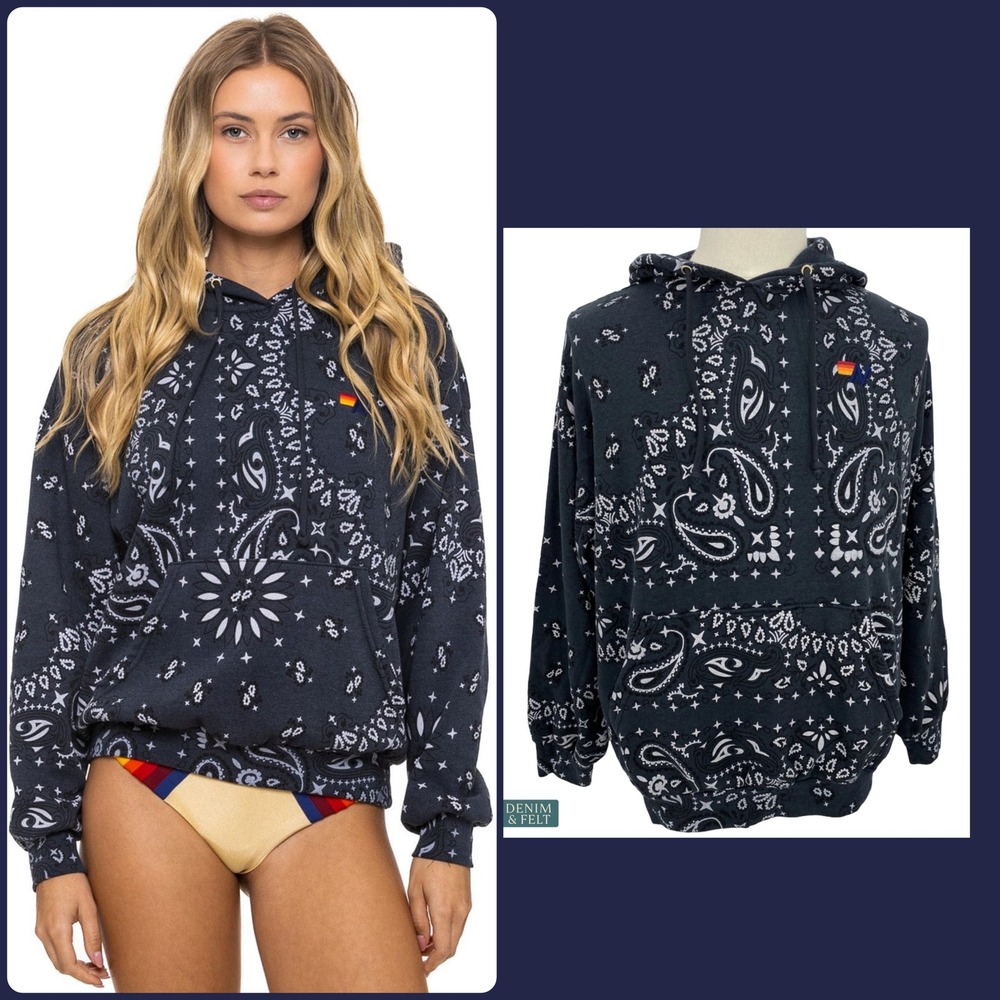 Aviator Nation Bandana Relaxed Pullover Hoodie Charcoal Unisex Surf Style Medium